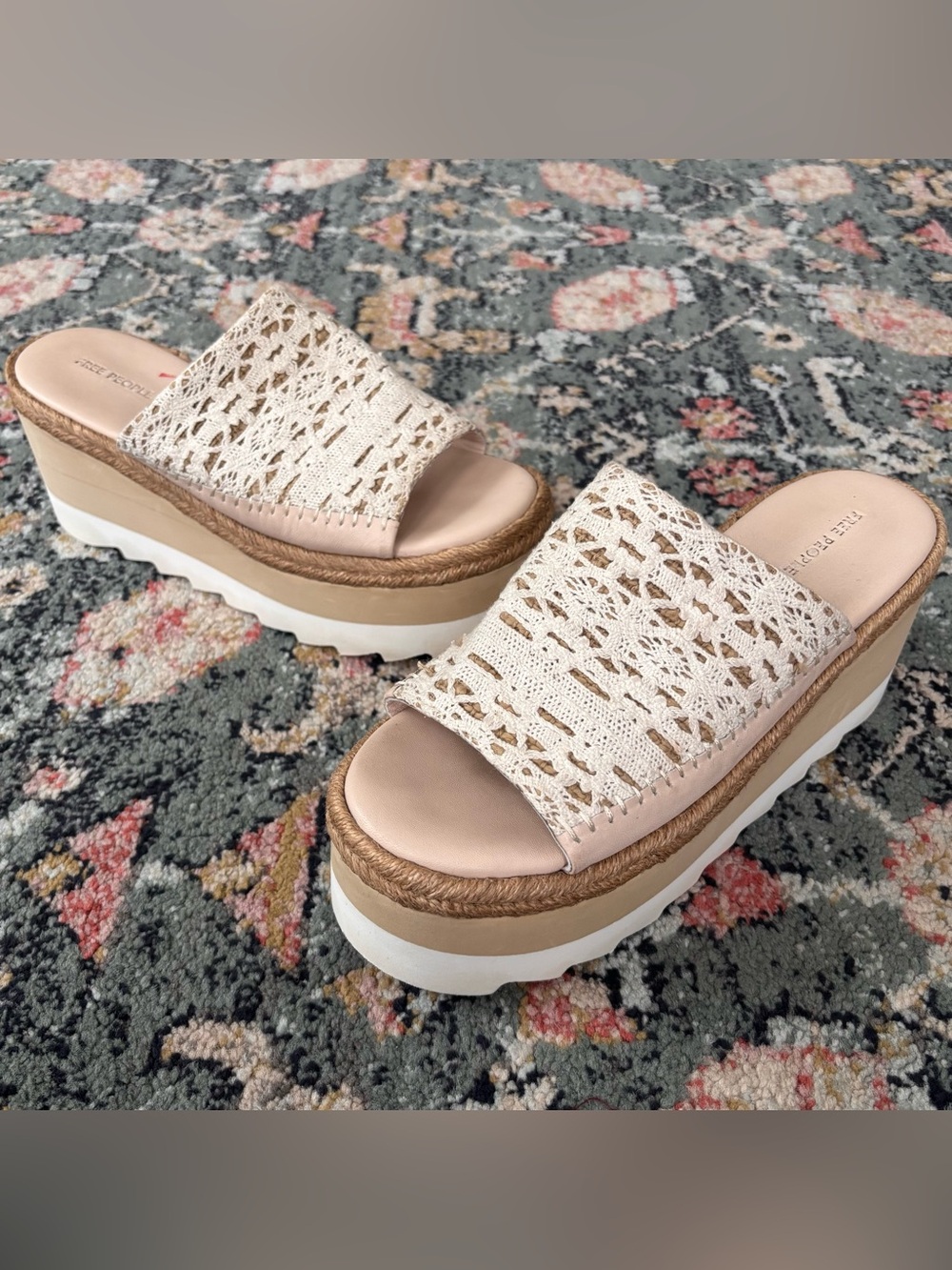 Free People Santorini Espadrille Crochet Platform Sandals White Cream Sz 7
